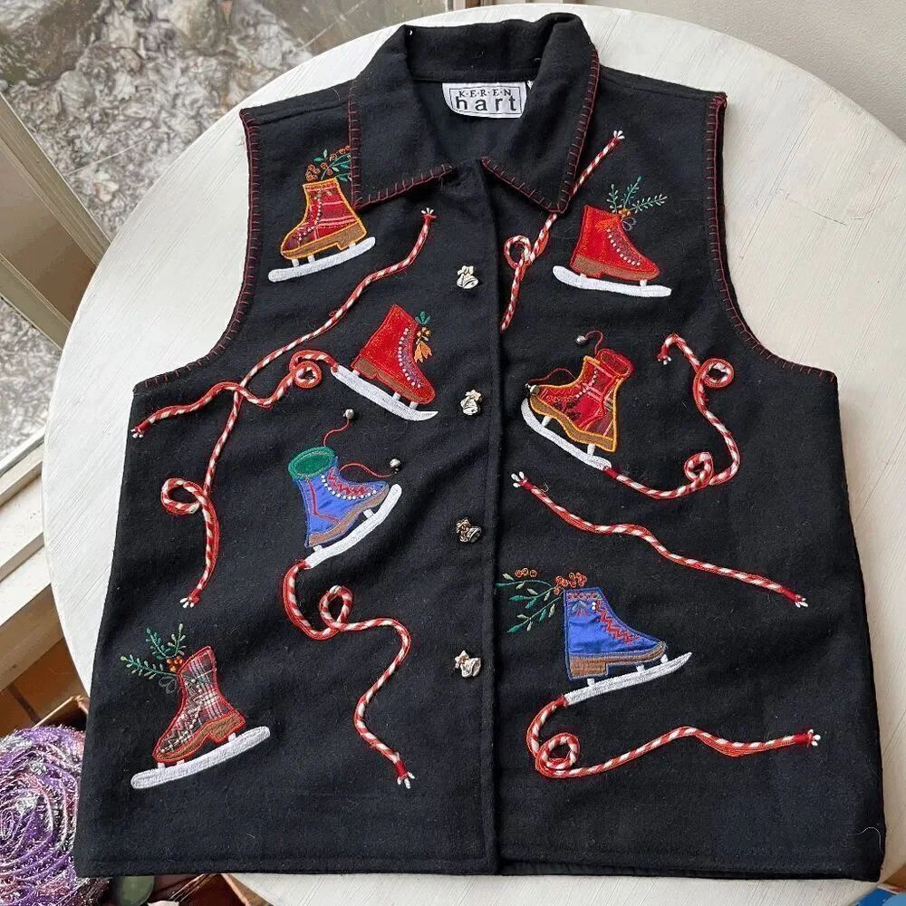 Keren Hart Embroidered Wool Vest Ice Skates Holiday Motif Size M Christmas